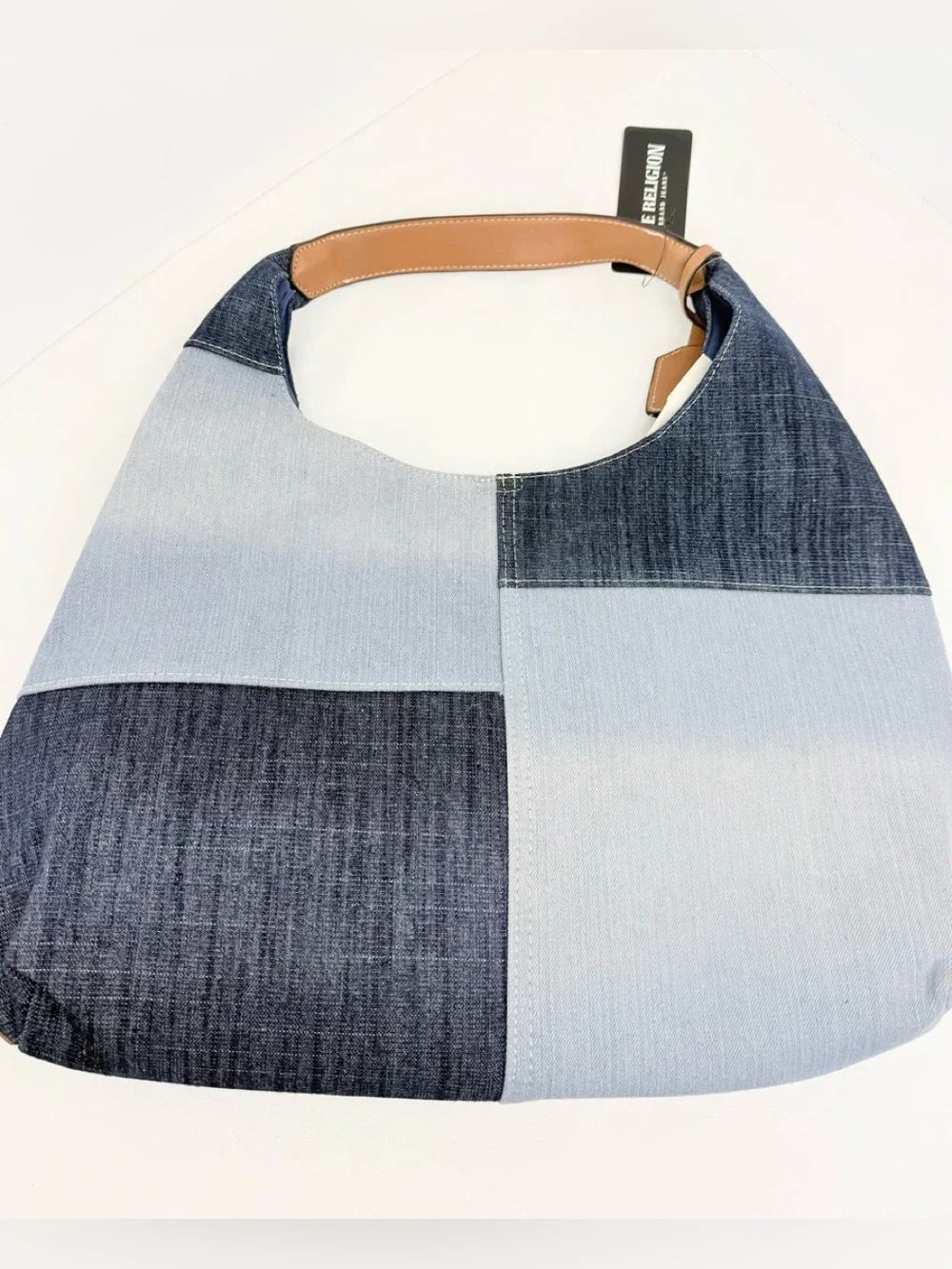 True Religion Blue White Patchwork Fade Denim Ticket Patch Hobo Shoulder Bag NEW